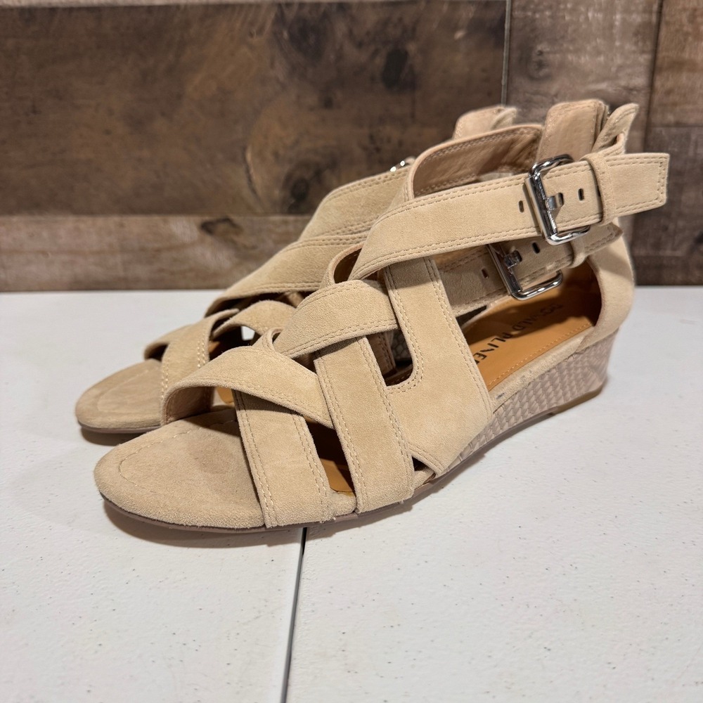 Donald Pliner Wedge Sandals Womens‎ 7.5 Tan Suede Leather Valencia Strappy Zip